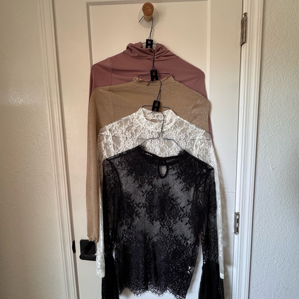 Set of Four Lace and Solid Long Sleeve Tops